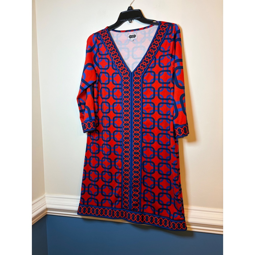 Mud Pie Shift Dress Women Medium Red Blue Geometric Chain Link V-Neck 3/4 Sleeve